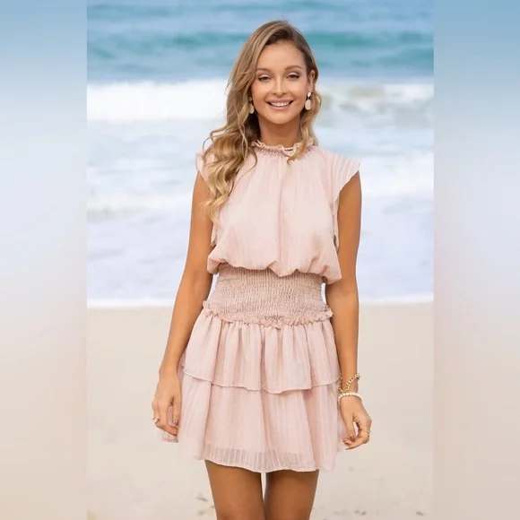 🆕 Cupshe Smocked Short Ruffle Sleeve Tiered Mini Dress Pink NWT Size large - Picture 12 of 12